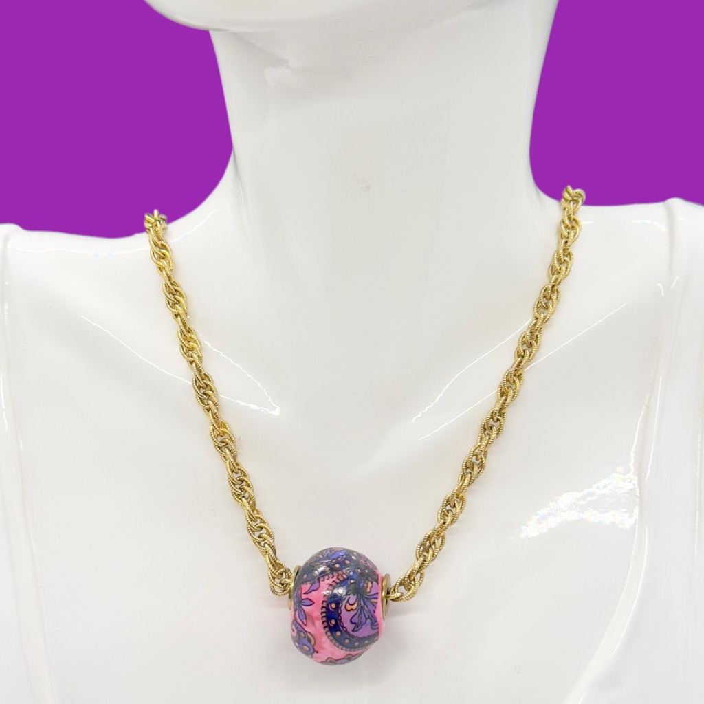 Vintage Signed Vogue Pink With Purple Orange Paisley Ceramic Bead Necklace 31$